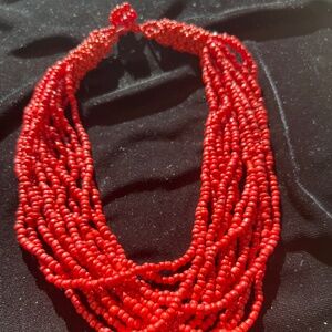 Red Beaded Multi Strand Necklace.  Perfect for adding color to any outfit.